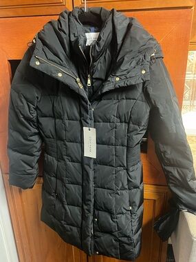 Cole Haan Black Quilted Puffer Coat with Hood and Gold Hardware